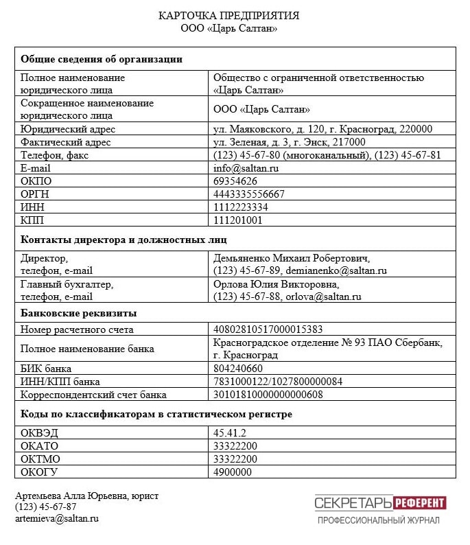 Информационная карточка организации образец