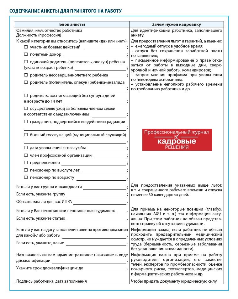 Содержание анкеты для принятого на работу